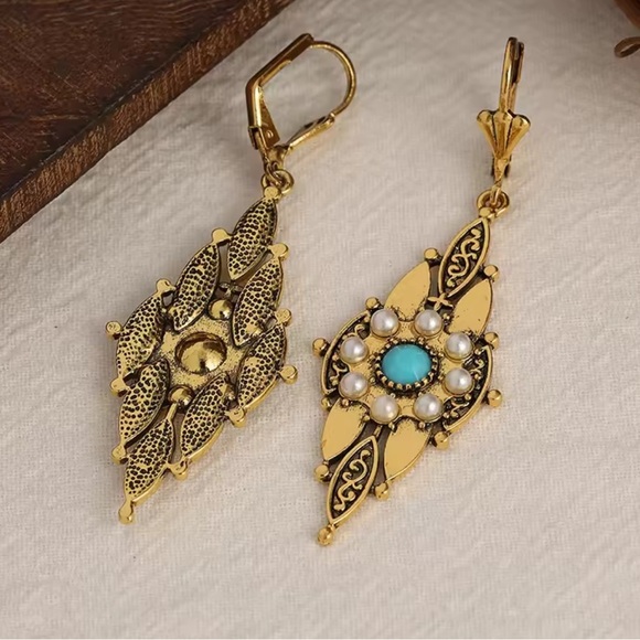 Victorian Gold Filigree Drop Earrings with Turquoise & Pearl Accents - Picture 4 of 6